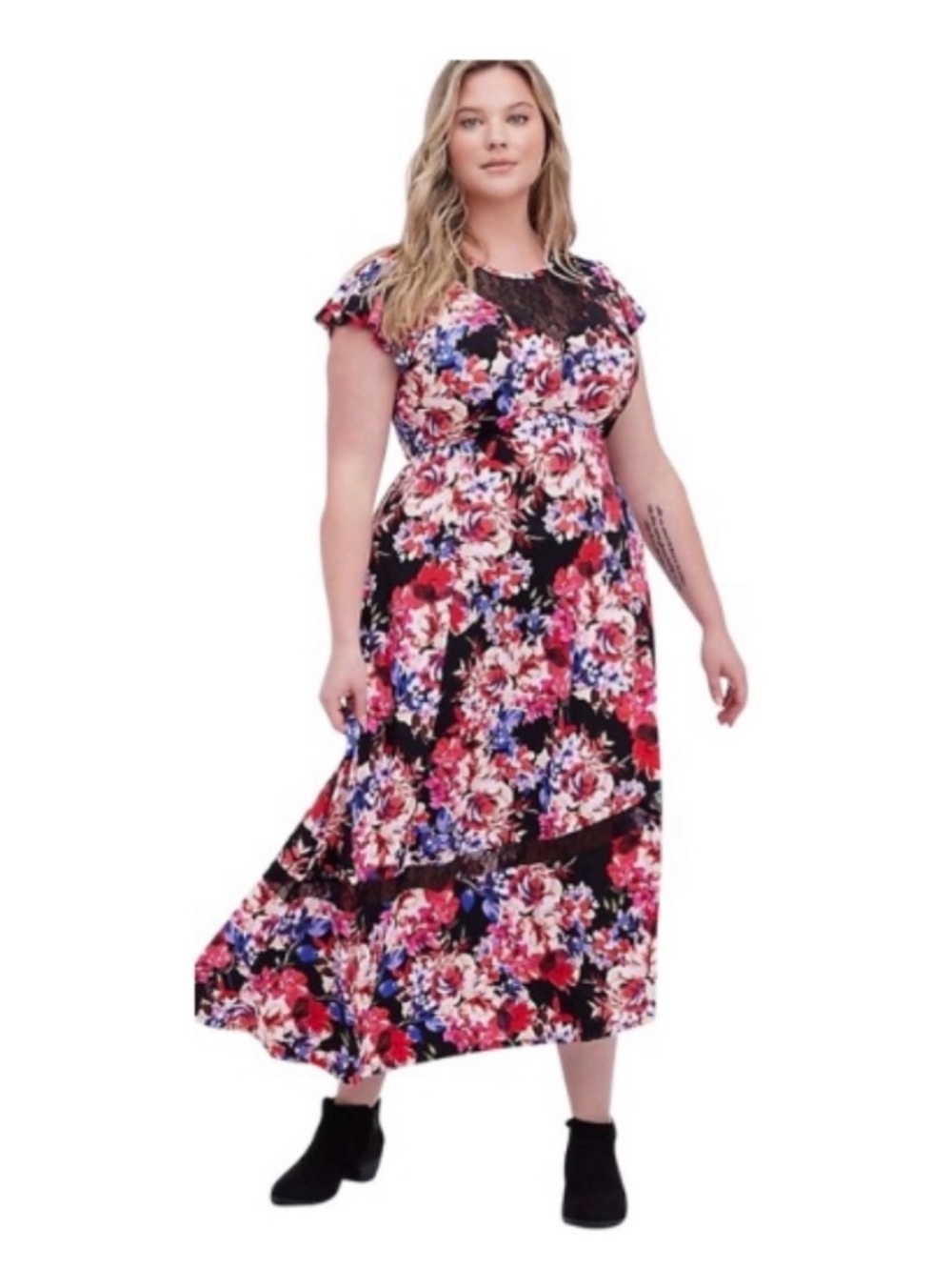 TORRID Black Blue Pink Floral Lace-Yoke Asymmetrical Maxi Dress Plus Size 4 NWT